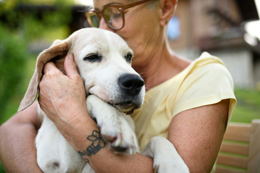 Woman hugging light-colored dog